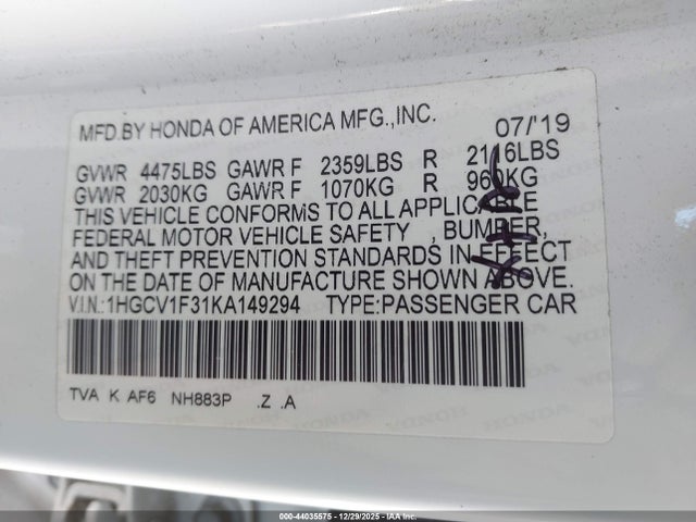 1HGCV1F31KA149294 Honda Accord Sport