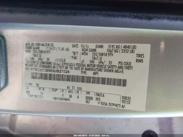 Aukcja sprzedaży 2016 Ford Escape Se, vin: 1FMCU9G99GUB27824, numer aukcji: 44035610