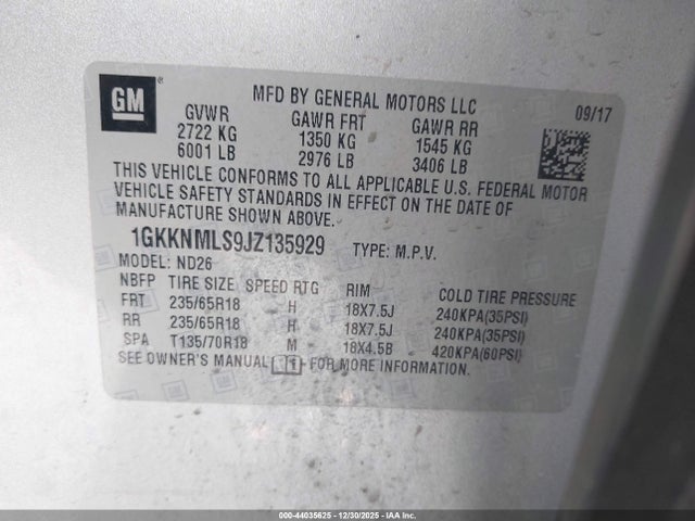 Aukcja sprzedaży 2018 Gmc Acadia Slt-1, vin: 1GKKNMLS9JZ135929, numer aukcji: 44035625