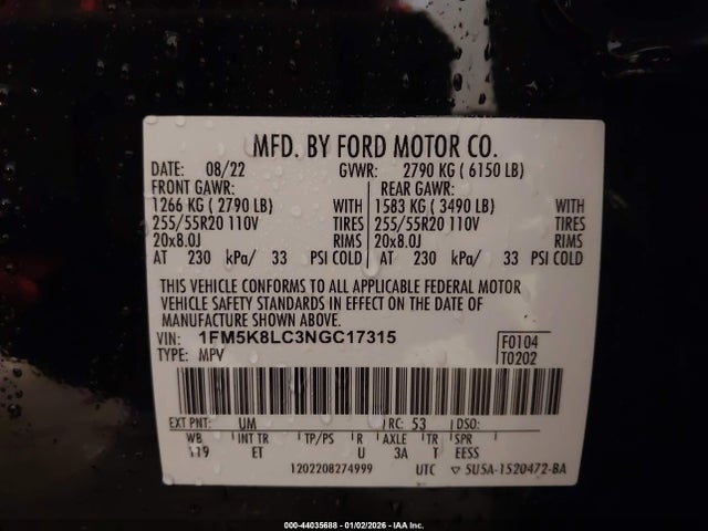 Aukcja sprzedaży 2022 Ford Explorer King Ranch, vin: 1FM5K8LC3NGC17315, numer aukcji: 44035688