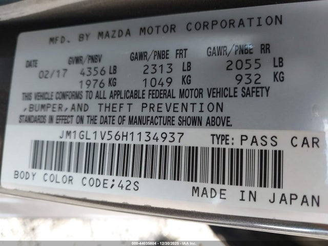 Aukcja sprzedaży 2017 Mazda Mazda6 Touring, vin: JM1GL1V56H1134937, numer aukcji: 44035804