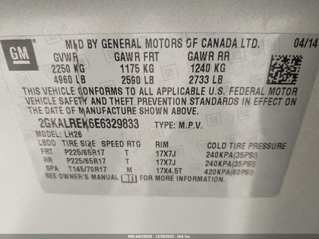 2014 Gmc Terrain Sle-2 მანქანა იყიდება აუქციონზე, vin: 2GKALREK6E6329833, აუქციონის ნომერი: 44035828