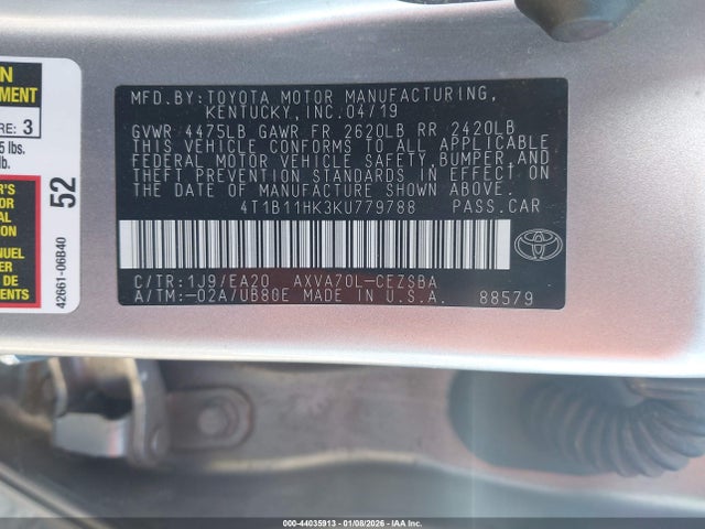 2019 TOYOTA CAMRY 4T1B11HK3KU779788 Photo 8