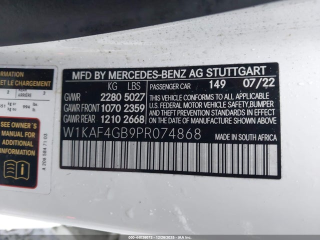 Продажа на аукционе авто 2023 Mercedes-benz C 300 Sedan, vin: W1KAF4GB9PR074868, номер лота: 44036072