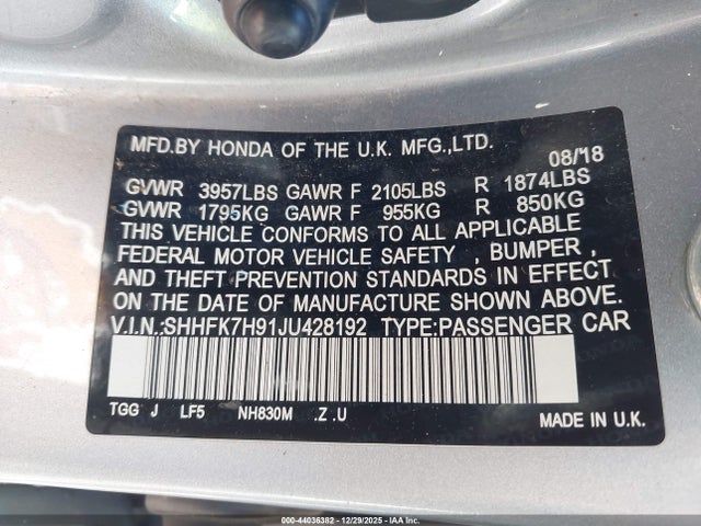 SHHFK7H91JU428192 Honda Civic Sport Touring