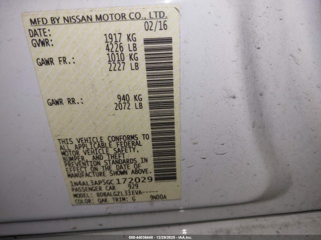 1N4AL3AP5GC172029 Nissan Altima 2.5/2.5 S/2.5 Sl/2.5 Sr/2.5 Sv