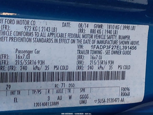 1FADP3F27EL391456 Ford FOCUS SE