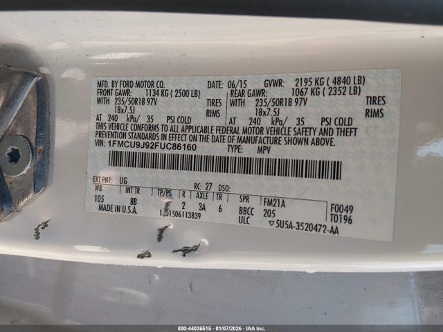 44036515 :رقم المزاد ، 1FMCU9J92FUC86160 vin ، 2015 Ford Escape Titanium مزاد بيع