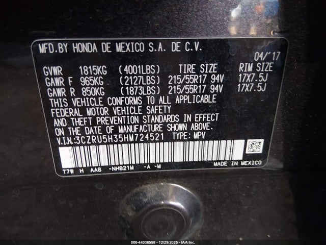 3CZRU5H35HM724521 Honda HR-V LX