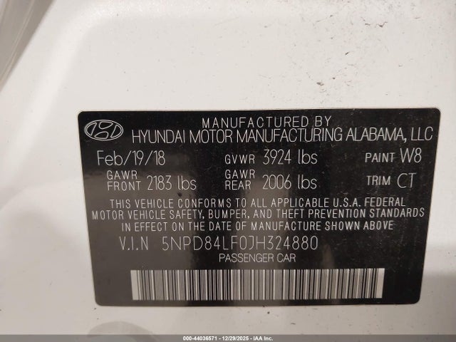5NPD84LF0JH324880 Hyundai ELANTRA SEL