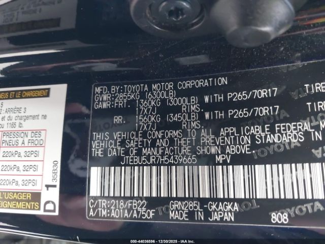 2017 TOYOTA 4RUNNER JTEBU5JR7H5439665 Photo 8