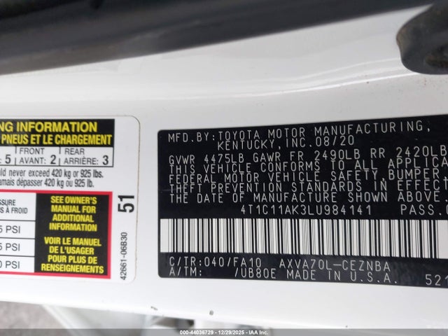 Toyota CAMRY LE 2020 4T1C11AK3LU984141 Image 9