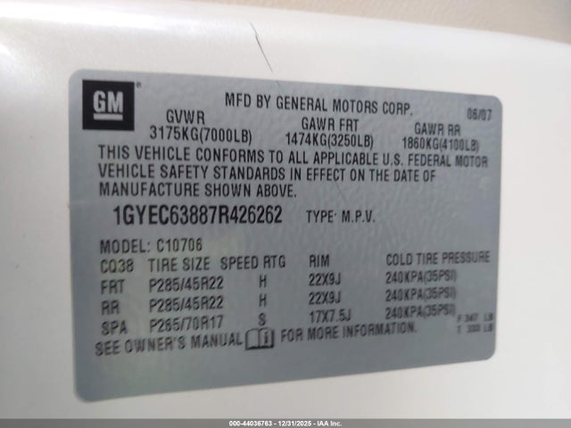 Продаж на аукціоні авто 2007 Cadillac Escalade Standard, vin: 1GYEC63887R426262, номер лоту: 44036763