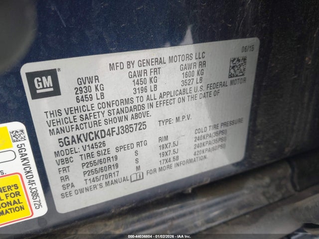 2015 Buick Enclave Premium მანქანა იყიდება აუქციონზე, vin: 5GAKVCKD4FJ385725, აუქციონის ნომერი: 44036804
