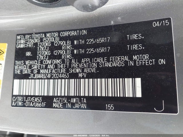 44036850 :رقم المزاد ، JTJBARBZ4F2024463 vin ، 2015 Lexus Nx 200t مزاد بيع