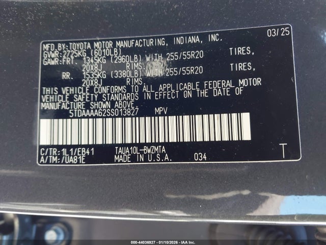 44036927 :رقم المزاد ، 5TDAAAA62SS013827 vin ، 2025 Lexus Tx 350 Premium مزاد بيع