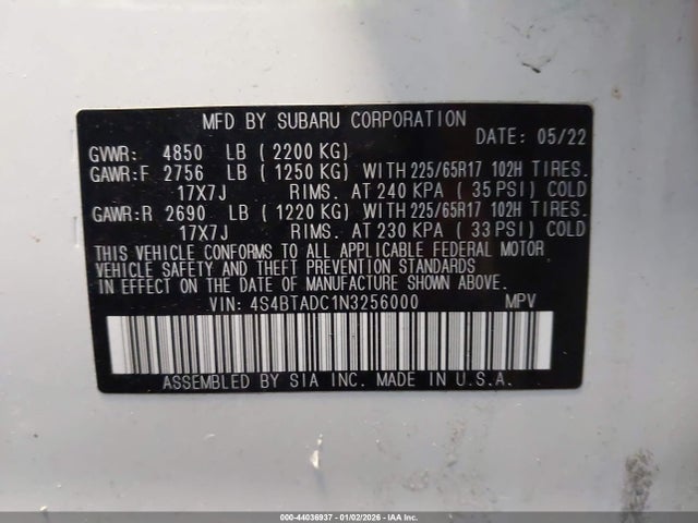 Продажа на аукционе авто 2022 Subaru Outback Premium, vin: 4S4BTADC1N3256000, номер лота: 44036937
