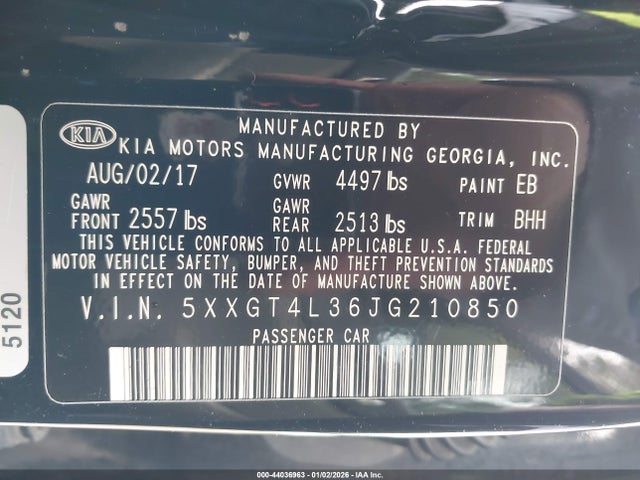 44036963 :رقم المزاد ، 5XXGT4L36JG210850 vin ، 2018 Kia Optima Lx مزاد بيع