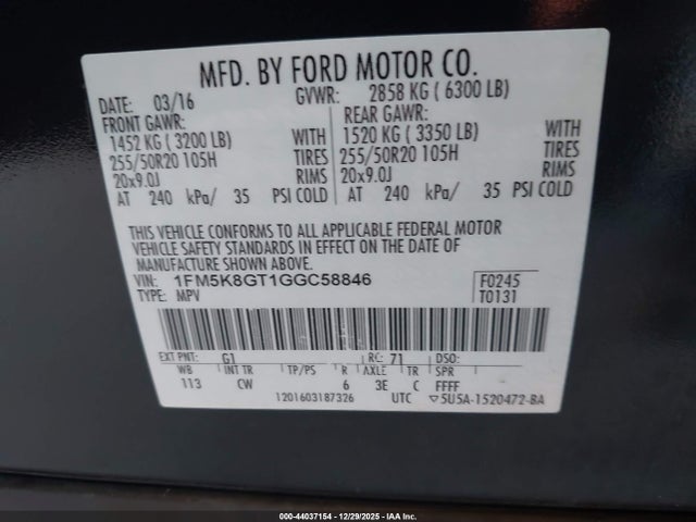 1FM5K8GT1GGC58846 Ford EXPLORER SPORT