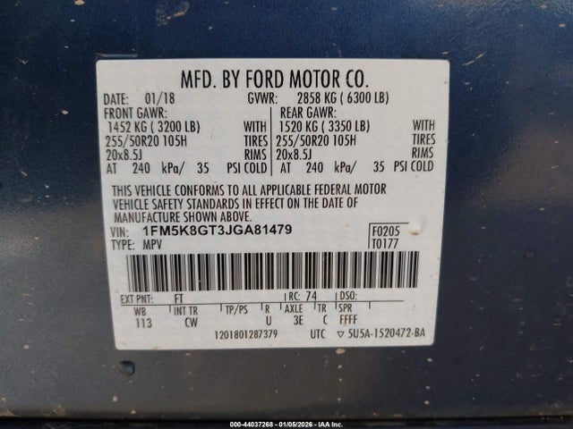 1FM5K8GT3JGA81479 Ford EXPLORER SPORT
