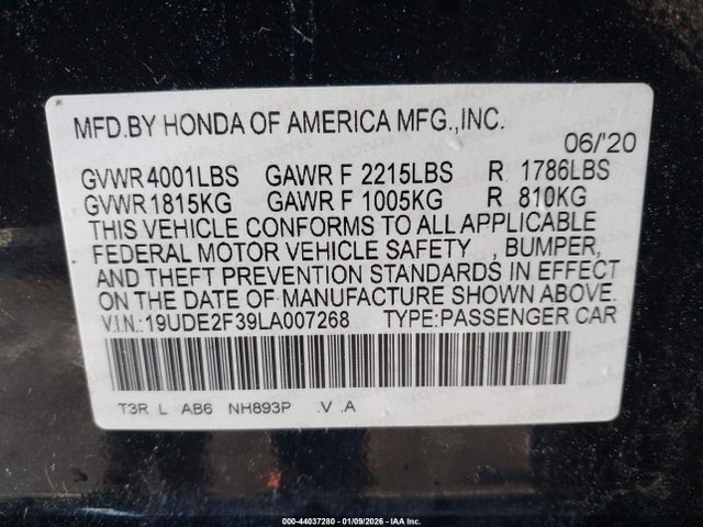 44037280 :رقم المزاد ، 19UDE2F39LA007268 vin ، 2020 Acura Ilx Standard مزاد بيع