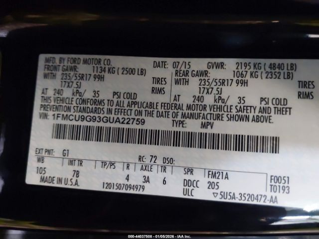 2016 FORD ESCAPE 1FMCU9G93GUA22759 Photo 8