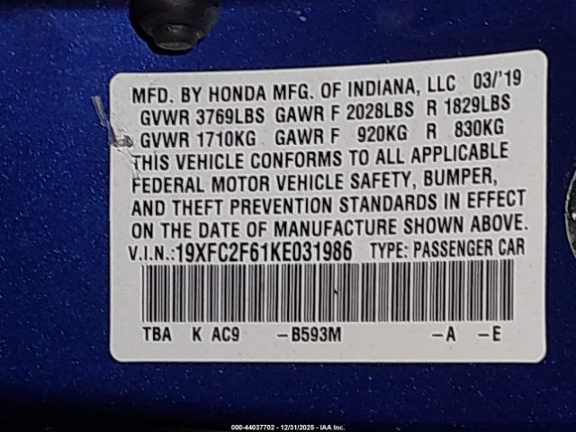 2019 HONDA CIVIC 19XFC2F61KE031986 Photo 8
