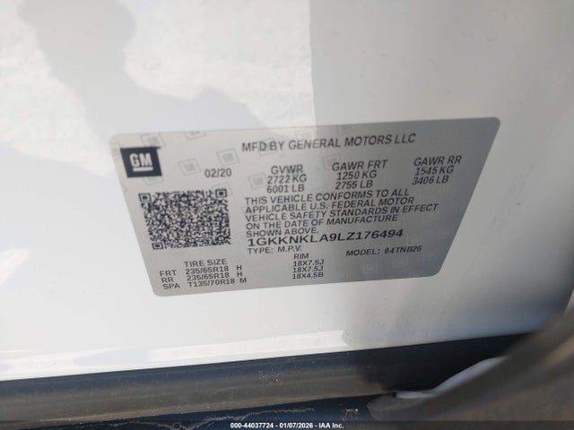 1GKKNKLA9LZ176494 GMC ACADIA SLE