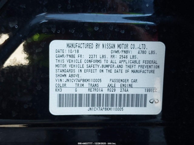 JN1CV7AP8KM110005 Infiniti Q50 2.0t Pure