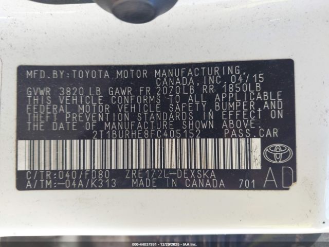 2015 TOYOTA COROLLA 2T1BURHE8FC405152 Photo 8