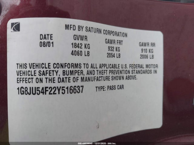 2002 Saturn L-series L200 მანქანა იყიდება აუქციონზე, vin: 1G8JU54F22Y516637, აუქციონის ნომერი: 44038045