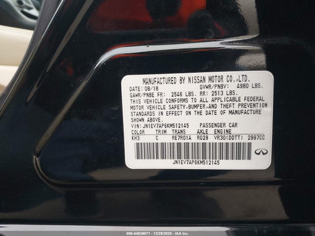 2019 Infiniti Q50 3.0t Luxe მანქანა იყიდება აუქციონზე, vin: JN1EV7AP6KM512145, აუქციონის ნომერი: 44038071