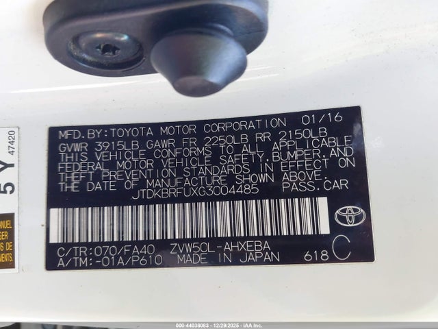 JTDKBRFUXG3004485 Toyota Prius Two