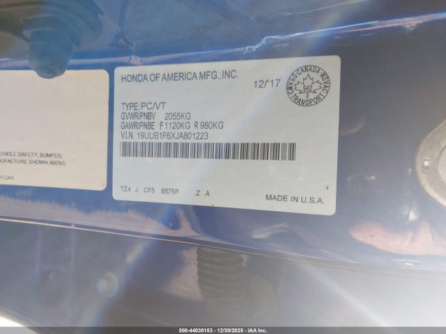 44038153 :رقم المزاد ، 19UUB1F6XJA801223 vin ، 2018 Acura Tlx Tech A-spec مزاد بيع