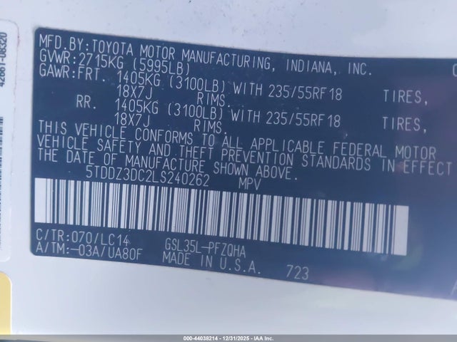 5TDDZ3DC2LS240262 Toyota SIENNA XLE
