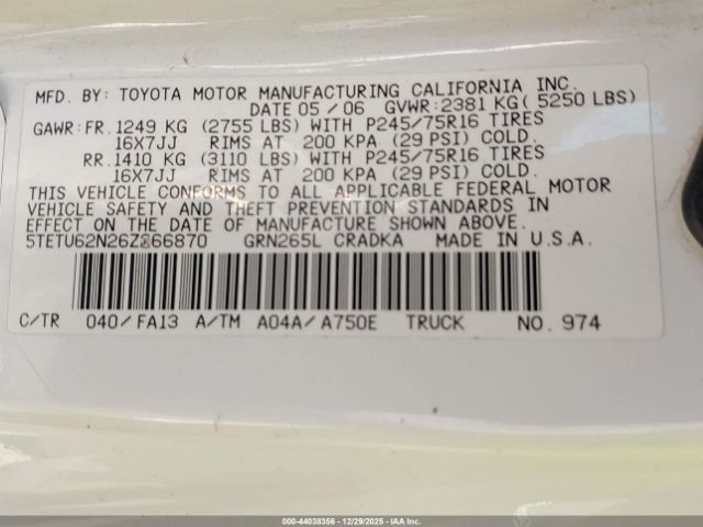 2006 TOYOTA TACOMA 5TETU62N26Z266870 Photo 8