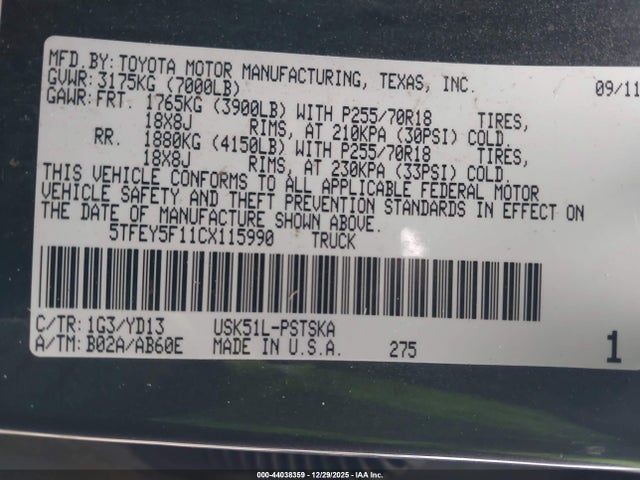 Aukcja sprzedaży 2012 Toyota Tundra Grade 5.7l V8, vin: 5TFEY5F11CX115990, numer aukcji: 44038359