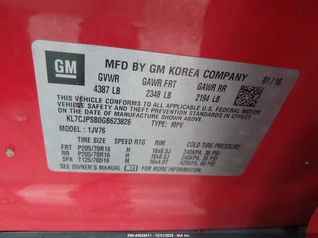 KL7CJPSB0GB623826 Chevrolet Trax Lt