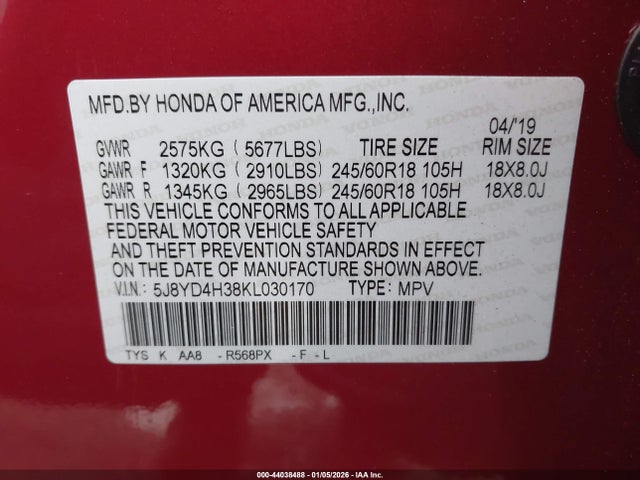 Aukcja sprzedaży 2019 Acura Mdx Standard, vin: 5J8YD4H38KL030170, numer aukcji: 44038488