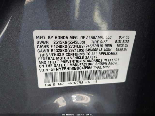 Honda Pilot Ex-l 2016 5FNYF5H58GB040966 Image 9