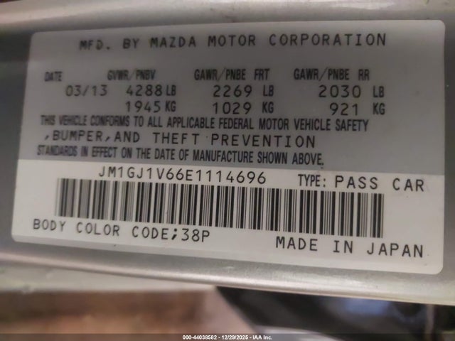 44038582 :رقم المزاد ، JM1GJ1V66E1114696 vin ، 2014 Mazda Mazda6 I Touring مزاد بيع