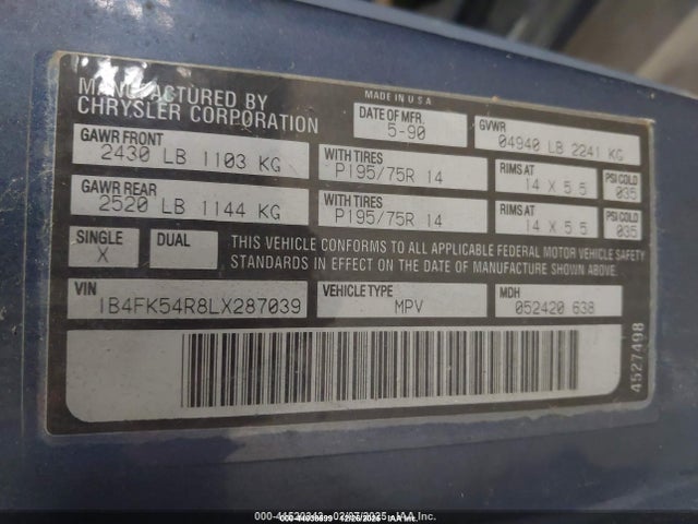 44038599 :رقم المزاد ، 1B4FK54R8LX287039 vin ، 1990 Dodge Grand Caravan Le مزاد بيع