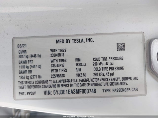 2021 TESLA MODEL 3 5YJ3E1EA3MF000748 Photo 8