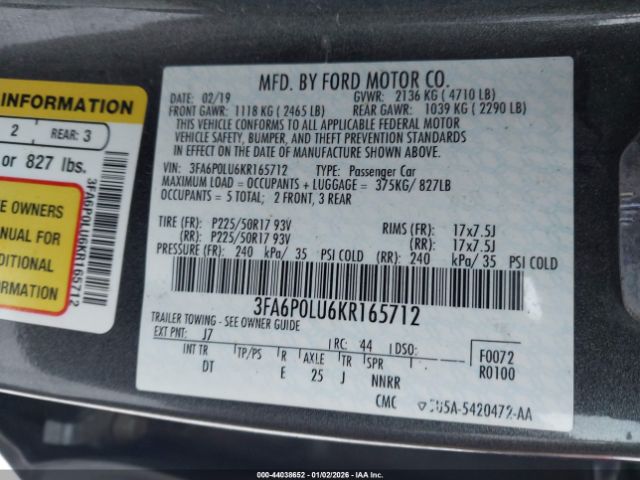 2019 FORD FUSION HYBRID 3FA6P0LU6KR165712 Photo 8