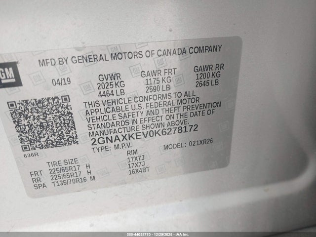 2GNAXKEV0K6278172 Chevrolet EQUINOX LT