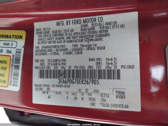 Ford FUSION S 2014 3FA6P0G70ER267905 Image 9