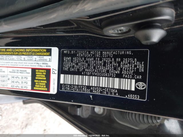 2012 TOYOTA CAMRY 4T1BF1FK0CU083752 Photo 8