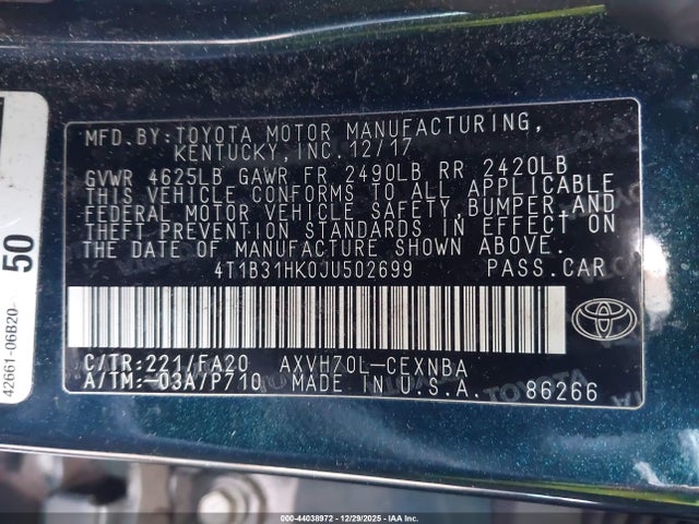 4T1B31HK0JU502699 Toyota Camry Hybrid Le