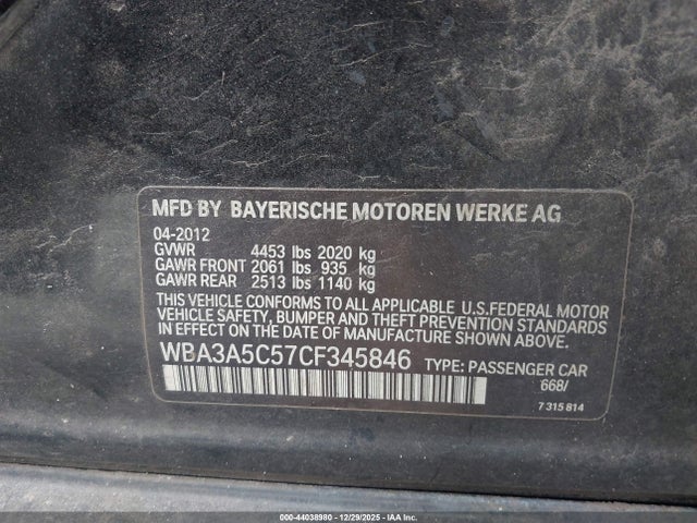 Aukcja sprzedaży 2012 Bmw 328i, vin: WBA3A5C57CF345846, numer aukcji: 44038980