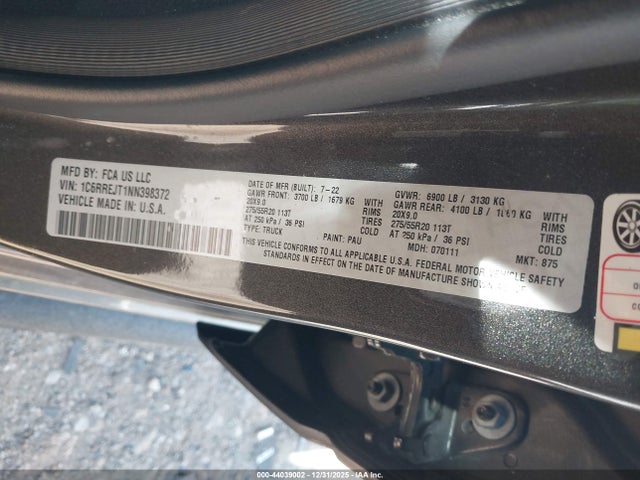 Продаж на аукціоні авто 2022 Ram 1500 Laramie  4x2 5'7 Box, vin: 1C6RREJT1NN398372, номер лоту: 44039002